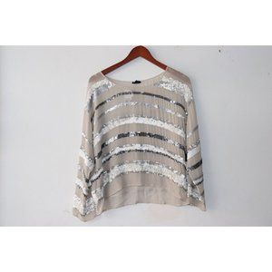 Club Monaco Women's Medium Beige Silver Shirt Silk Sequin Stripe Long Sleeve Top